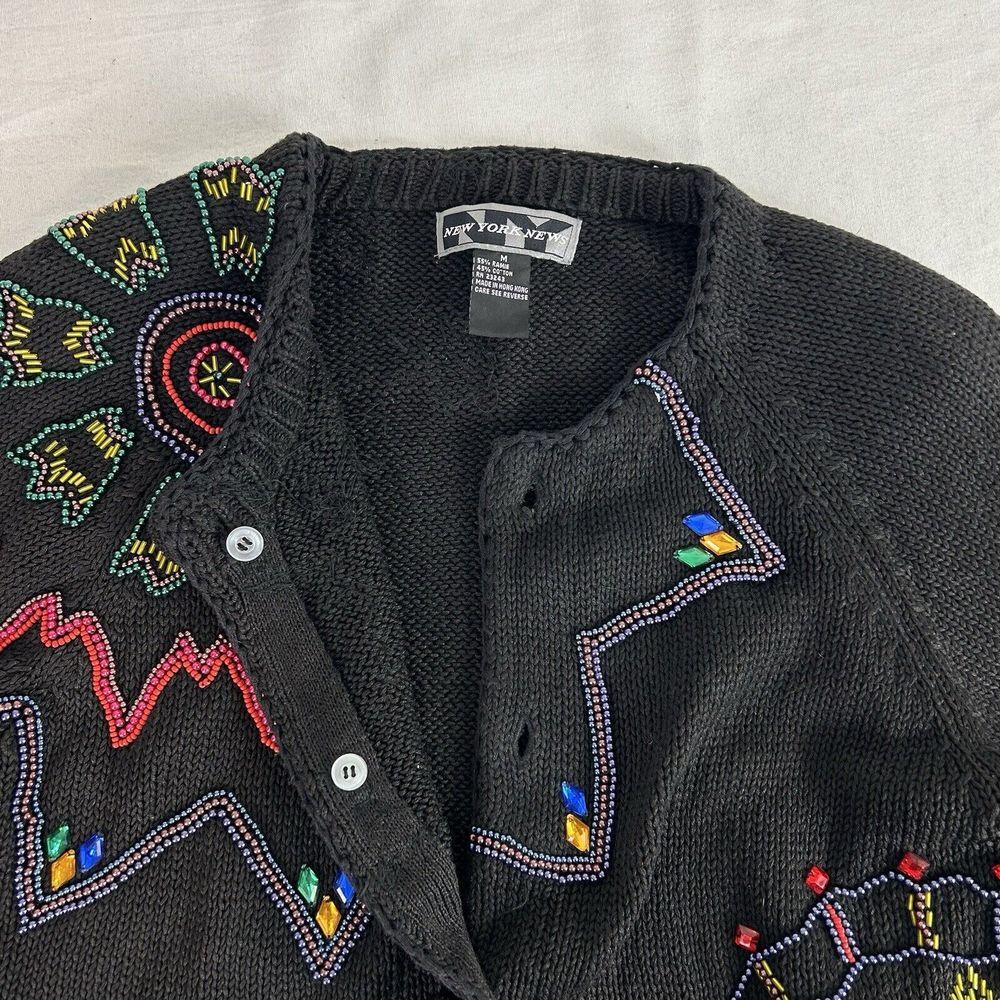 Vintage New York‎ News 1980s Boxy Beaded Black Cardigan Sweater Medium - Picture 11 of 11